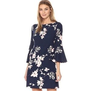 New ▶️ Eliza J ◀️ Navy with Blush Floral 3/4 Bell Sleeve Shift Mini Dress size 8